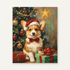 Christmas Puppy with Lights and Gifts Paint by Numbers Kit — original artwork displayed as a canvas on a warm off-white wall.