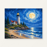 Moonlit Lighthouse Paint by Numbers Kit — original artwork displayed as a canvas on a warm off-white wall.