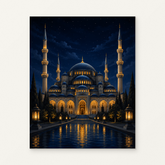Moonlit Mosque Paint by Numbers Kit — original artwork displayed as a canvas on a warm off-white wall.