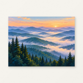 Morning Mist in the Smokies Paint by Numbers Kit — complete artwork displayed on a canvas against a warm off-white wall.