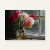 Morning Roses Paint by Numbers Kit — original artwork displayed as a canvas on a warm off-white wall.
