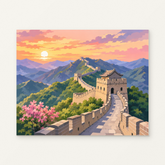 Great Wall of China with Blossoms Paint by Numbers Kit — original artwork displayed as a canvas on a warm off-white wall.