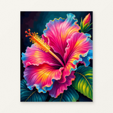 Neon Hibiscus Paint by Numbers Kit — original artwork displayed as a canvas on a warm off-white wall.