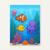 Ocean Friends Paint by Numbers Kit — original artwork displayed as a canvas on a warm off-white wall.