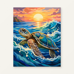 Sea Turtle at Sunset Paint by Numbers Kit — original artwork displayed as a canvas on a warm off-white wall.