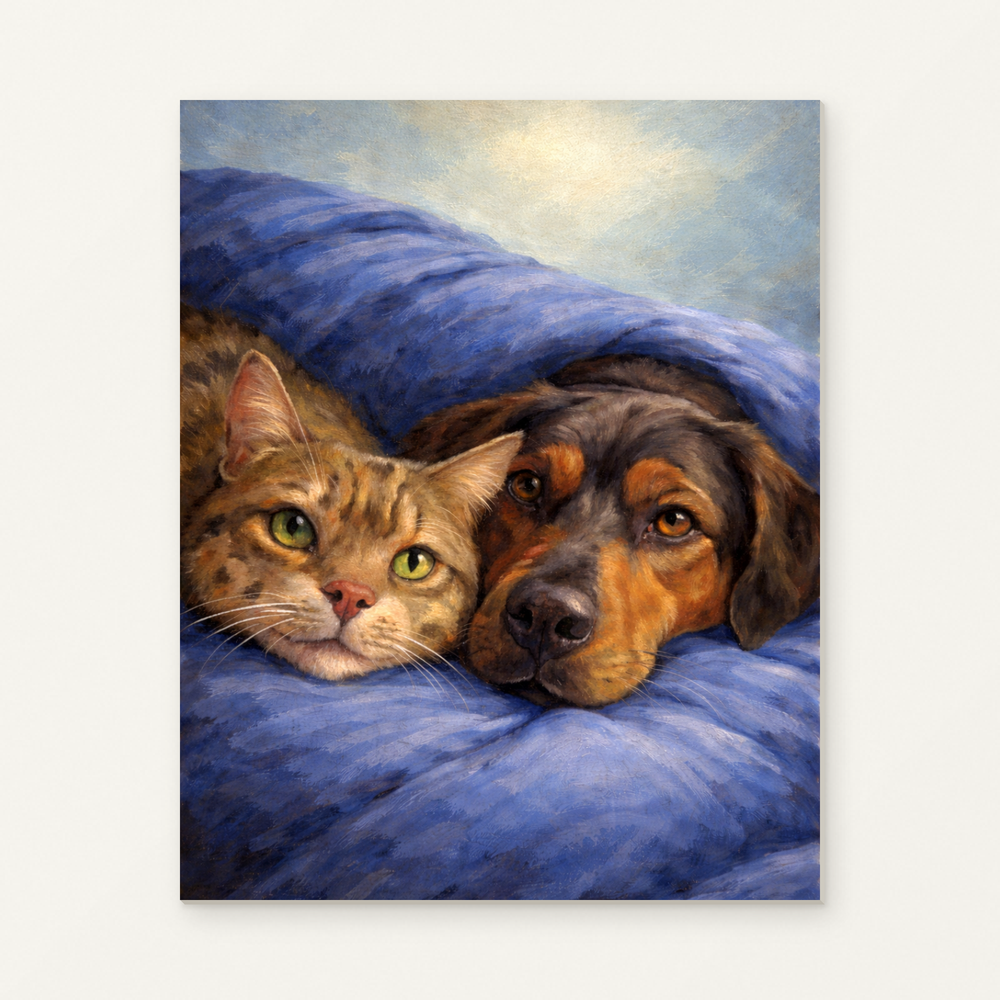 Cat and Dog Under a Blue Blanket Paint by Numbers Kit — original artwork displayed as a canvas on a warm off-white wall.
