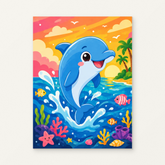 Playful Dolphin Paint by Numbers Kit — original artwork displayed as a canvas on a warm off-white wall.