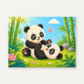 Playful Panda Paint by Numbers Kit — original artwork displayed as a canvas on a warm off-white wall.