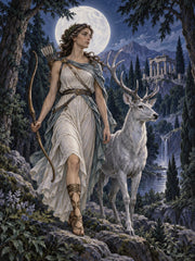 Artemis walking beside a silver stag beneath a full moon in a cedar forest