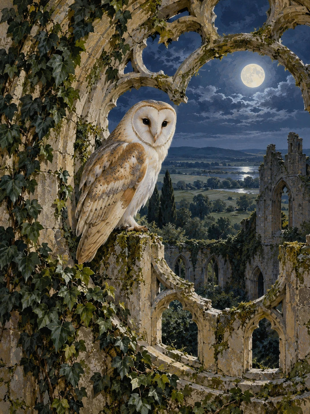 Barn owl perched in the window of a moonlit ruined abbey