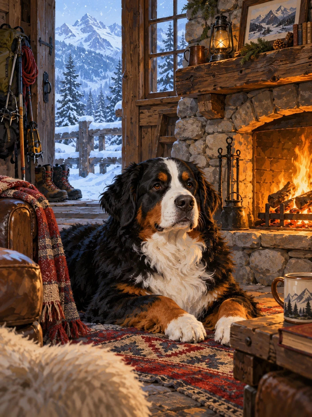 Bernese mountain dog beside a stone hearth in an alpine lodge