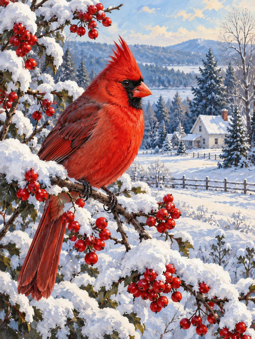Red cardinal perched on a snowy evergreen branch