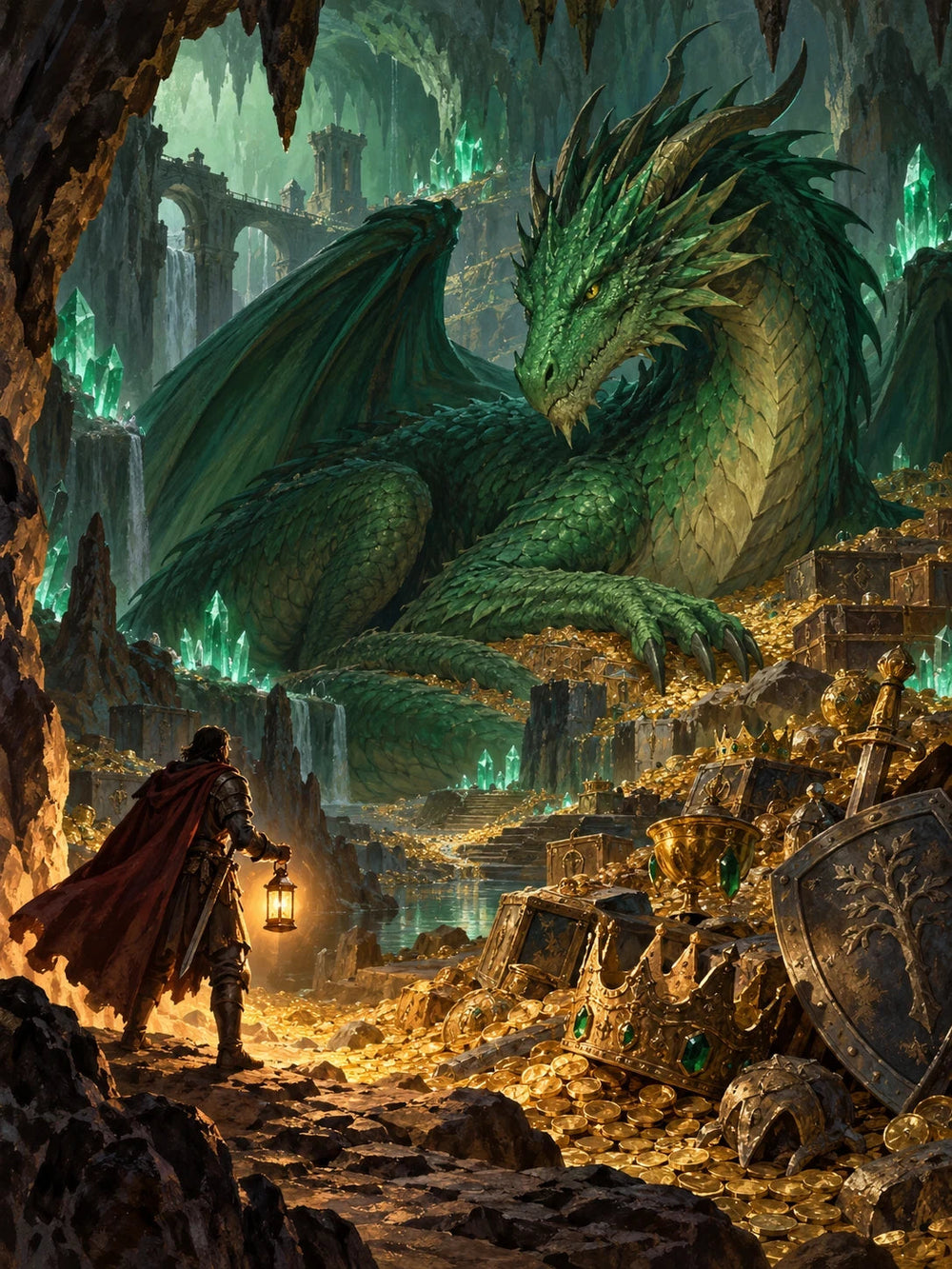 Emerald dragon guarding an underground treasury as an armored adventurer approaches