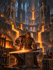 Dwarven smith forging a glowing sword in a monumental underground hall