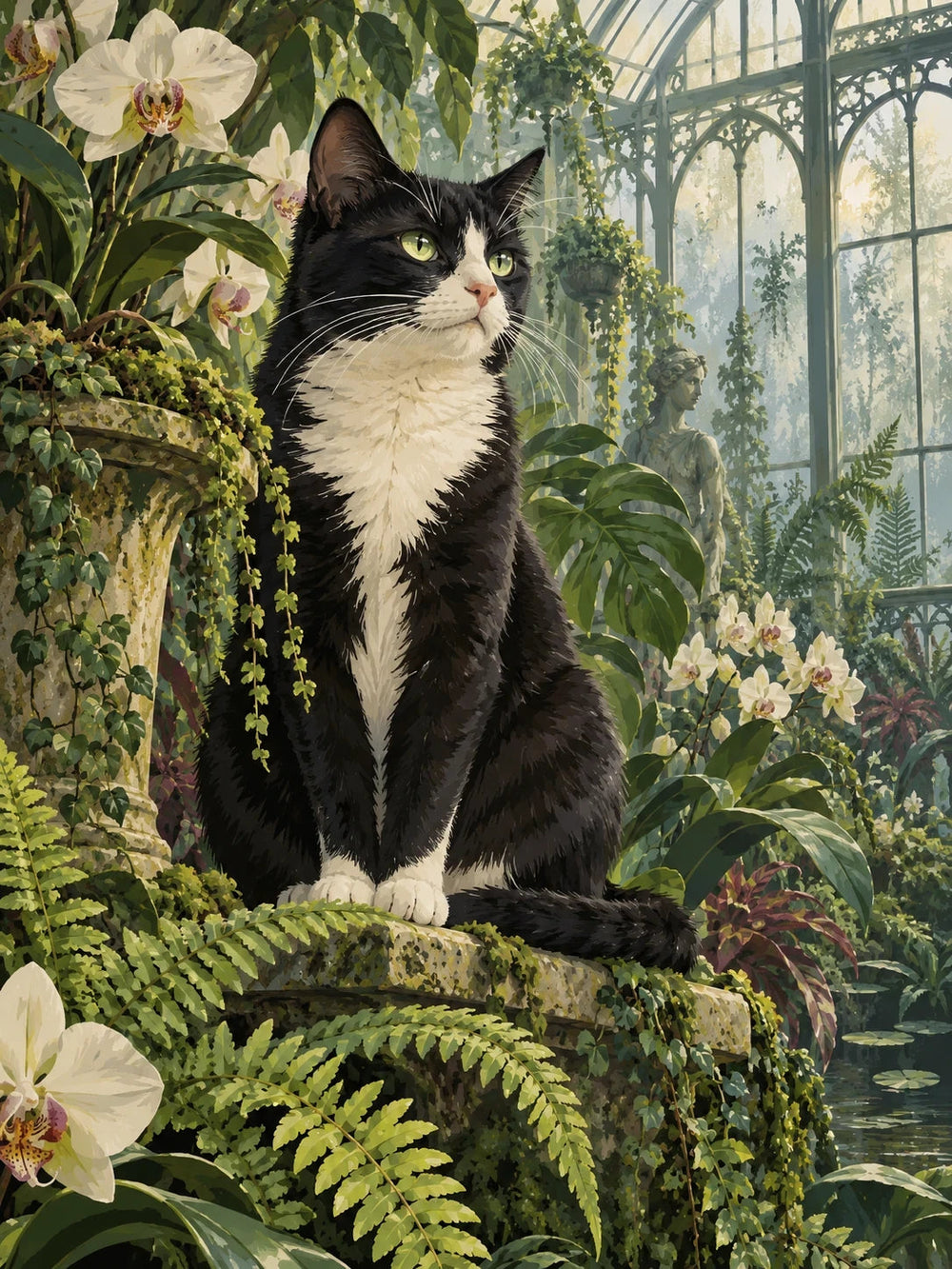 Long-haired tabby cat among ferns in a Victorian greenhouse