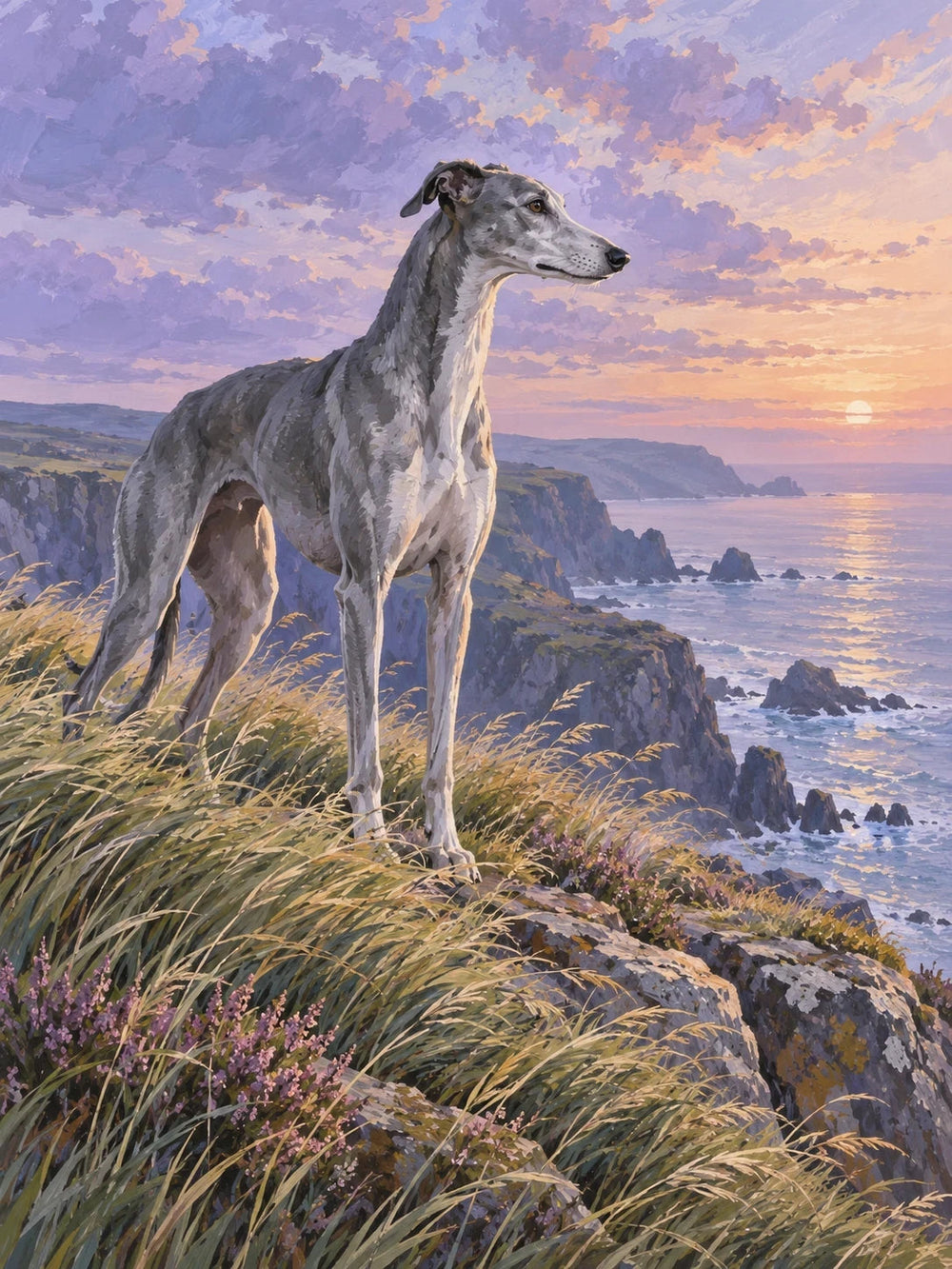 Greyhound standing on a quiet beach at sunrise