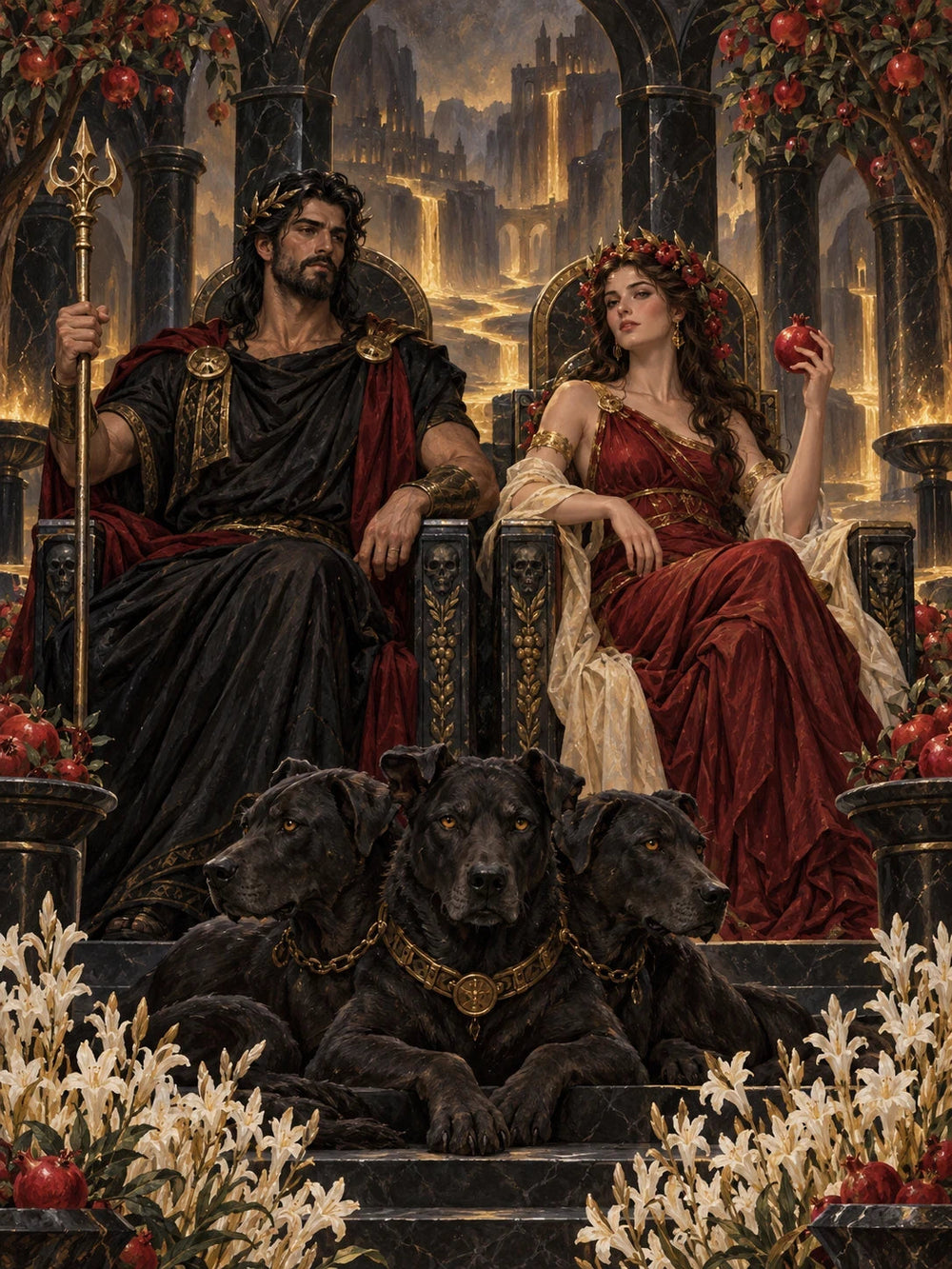 Hades and Persephone seated as equal rulers with Cerberus in the underworld