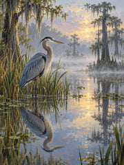 Great blue heron standing in a misty wetland at dawn
