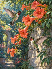 Two hummingbirds among orange trumpet vine flowers