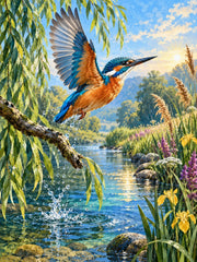 Kingfisher flying above reeds and reflective water