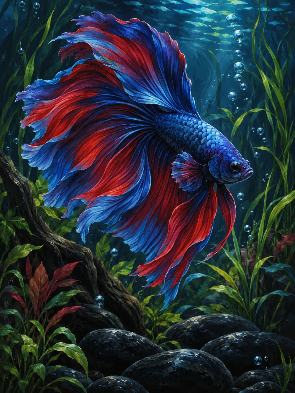 Blue and violet betta fish against a dark aquatic background