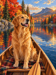 Golden retriever in a canoe on an autumn lake