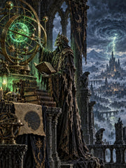 Skeletal sorcerer studying a green celestial mechanism above a stormbound kingdom