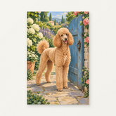 Poodle at the Garden Gate Paint by Numbers Kit — original artwork displayed as a canvas on a warm off-white wall.