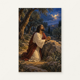 Jesus Praying Among Olive Trees Paint by Numbers Kit — original artwork displayed as a canvas on a warm off-white wall.