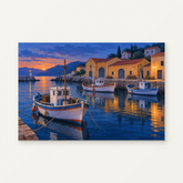 Quiet Harbor at Blue Hour Paint by Numbers Kit — original artwork displayed as a canvas on a warm off-white wall.