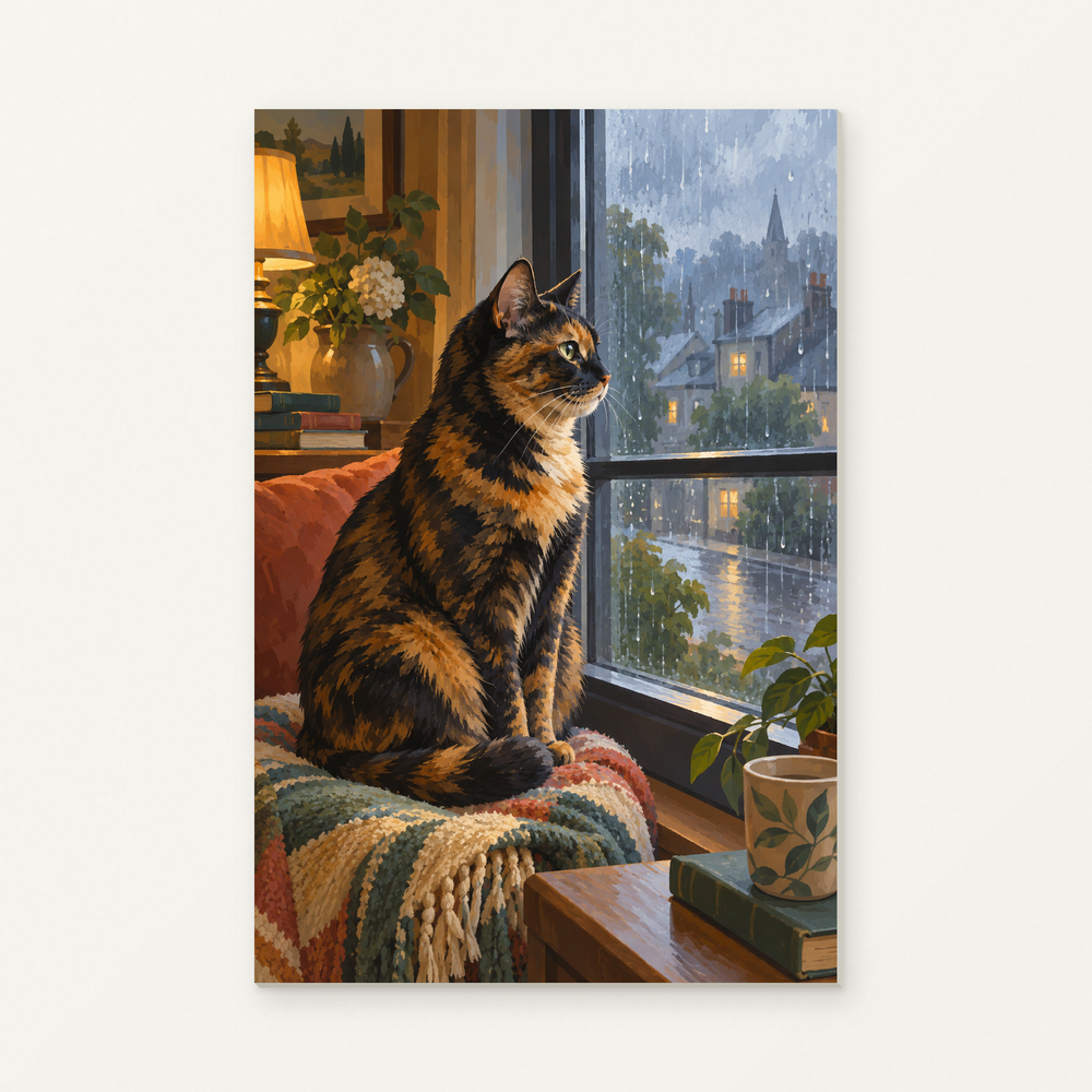 Tortoiseshell Cat Watching the Rain Paint by Numbers Kit — original artwork displayed as a canvas on a warm off-white wall.