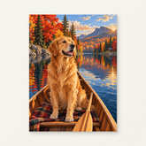 Retriever on the Autumn Lake Paint by Numbers Kit — original artwork displayed as a canvas on a warm off-white wall.