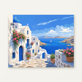 Santorini Sea Paint by Numbers Kit — original artwork displayed as a canvas on a warm off-white wall.