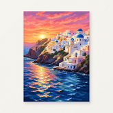Santorini Sunset Paint by Numbers Kit — original artwork displayed as a canvas on a warm off-white wall.