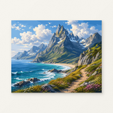 Seaside Mountain Paint by Numbers Kit — original artwork displayed as a canvas on a warm off-white wall.