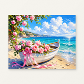 Seaside Roses Paint by Numbers Kit — original artwork displayed as a canvas on a warm off-white wall.