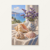 Shells and Sea Lavender Paint by Numbers Kit — original artwork displayed as a canvas on a warm off-white wall.