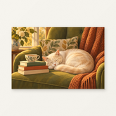 Sleeping by the Books Paint by Numbers Kit — original artwork displayed as a canvas on a warm off-white wall.