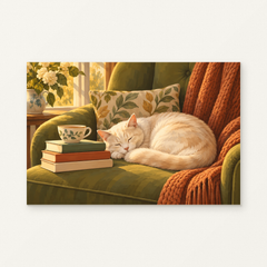 Cream Cat Sleeping Beside Books Paint by Numbers Kit — original artwork displayed as a canvas on a warm off-white wall.