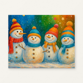 Snowmen Parade Paint by Numbers Kit — original artwork displayed as a canvas on a warm off-white wall.