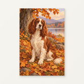Spaniel in Autumn Paint by Numbers Kit — original artwork displayed as a canvas on a warm off-white wall.