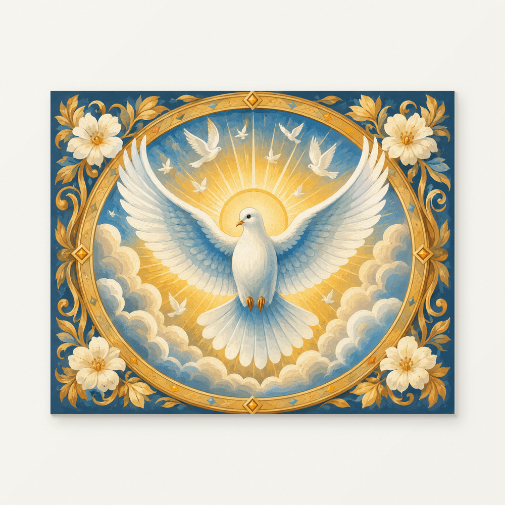 White Dove in Golden Light Paint by Numbers Kit — original artwork displayed as a canvas on a warm off-white wall.