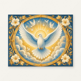 White Dove in Golden Light Paint by Numbers Kit — original artwork displayed as a canvas on a warm off-white wall.