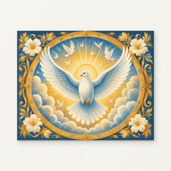 White Dove in Golden Light Paint by Numbers Kit — original artwork displayed as a canvas on a warm off-white wall.