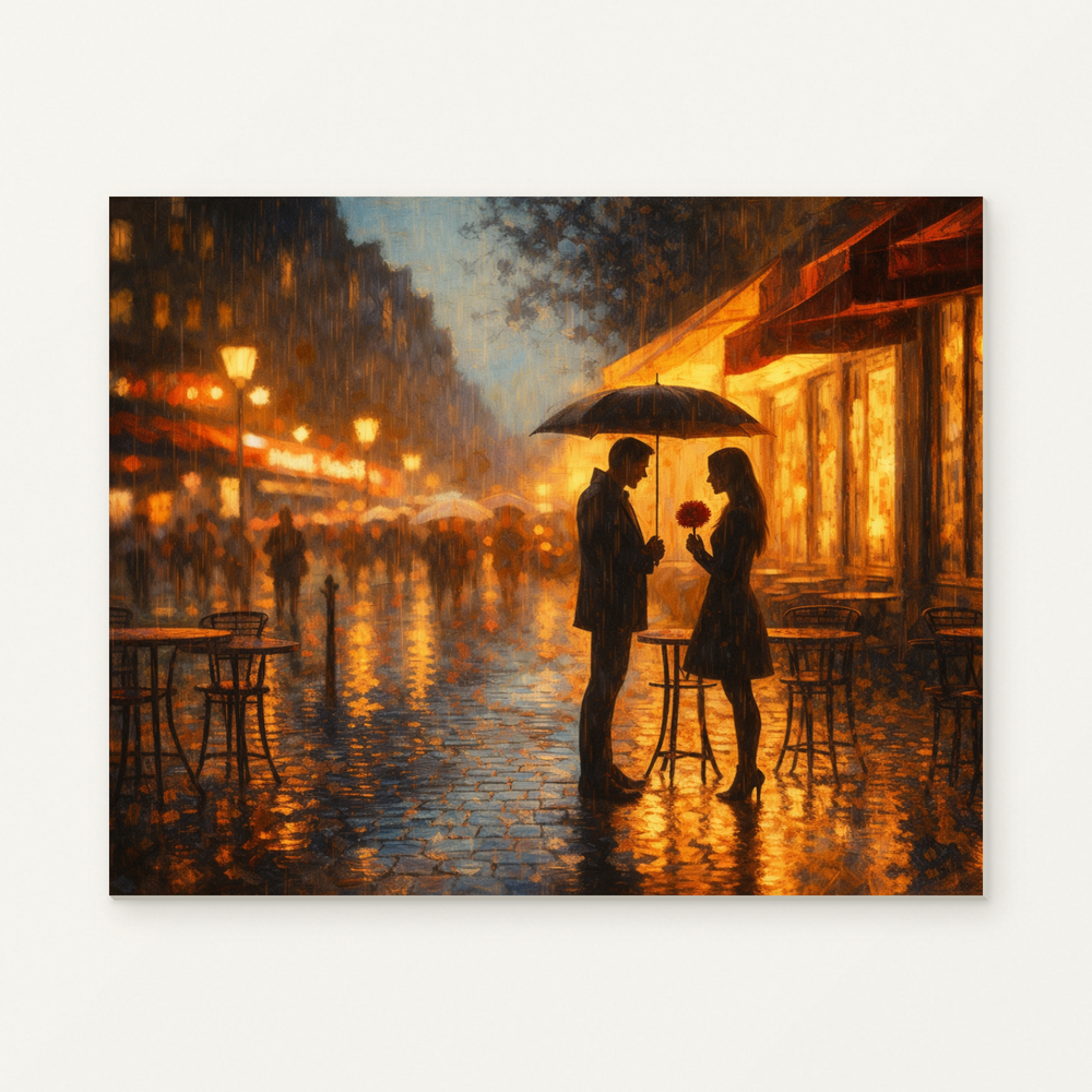 Romantic Rainy City Lights Paint by Numbers Kit — original artwork displayed as a canvas on a warm off-white wall.