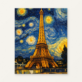 Starlight Finds Paris Paint by Numbers Kit — original artwork displayed as a canvas on a warm off-white wall.
