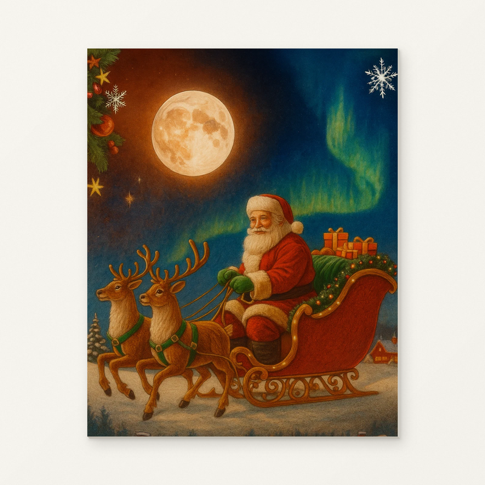Santa and Reindeer Under the Northern Lights Paint by Numbers Kit — original artwork displayed as a canvas on a warm off-white wall.