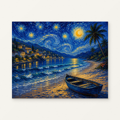 Seaside Village Under a Starry Sky Paint by Numbers Kit — original artwork displayed as a canvas on a warm off-white wall.