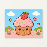 Strawberry Cupcake Paint by Numbers Kit — original artwork displayed as a canvas on a warm off-white wall.