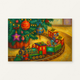 Toy Train Under the Christmas Tree Paint by Numbers Kit — original artwork displayed as a canvas on a warm off-white wall.